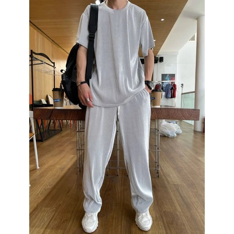 Men’s Ice Silk Tracksuit – 2-Piece Summer T-Shirt & Pants Set