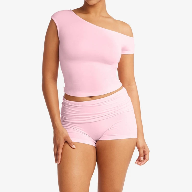 Women’s 2 Piece Yoga Set One Shoulder Crop Top and Waist Shorts