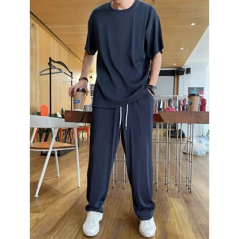 Men’s Ice Silk Tracksuit – 2-Piece Summer T-Shirt & Pants Set