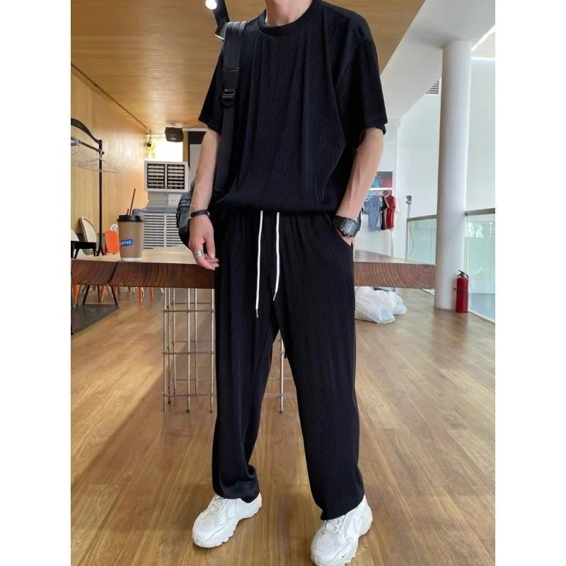 Men’s Ice Silk Tracksuit – 2-Piece Summer T-Shirt & Pants Set