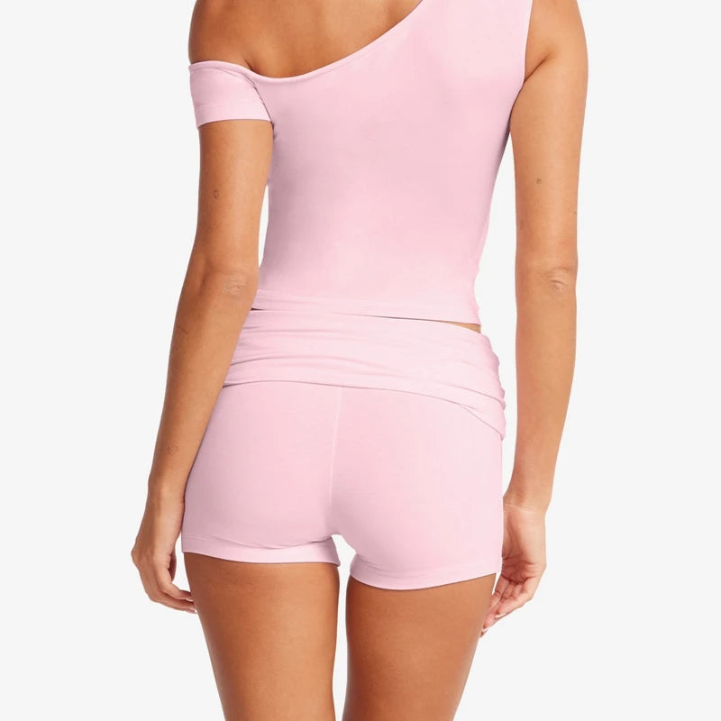 Women’s 2 Piece Yoga Set One Shoulder Crop Top and Waist Shorts